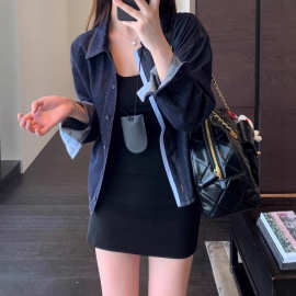 酷帅时髦高品质复古蓝慵懒显瘦拼接设计翻领长袖衬衫女牛仔外套秋