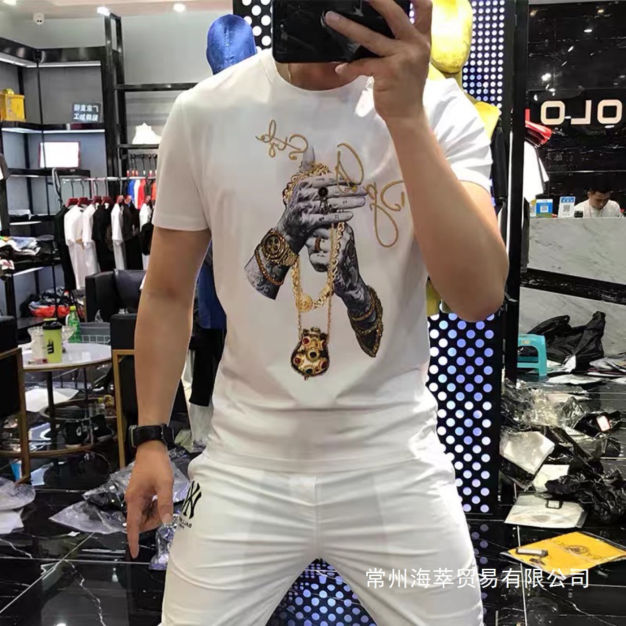 男士2024夏季新款个性潮流修身网红印花烫钻短袖t恤男潮半袖批发
