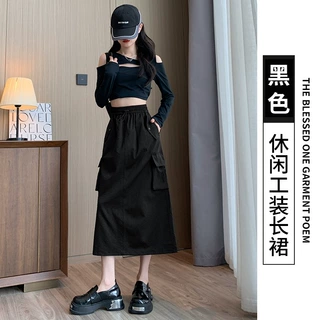 白色美式复古工装裙女春秋季小个子开衩中长款a字半身裙抽绳长裙