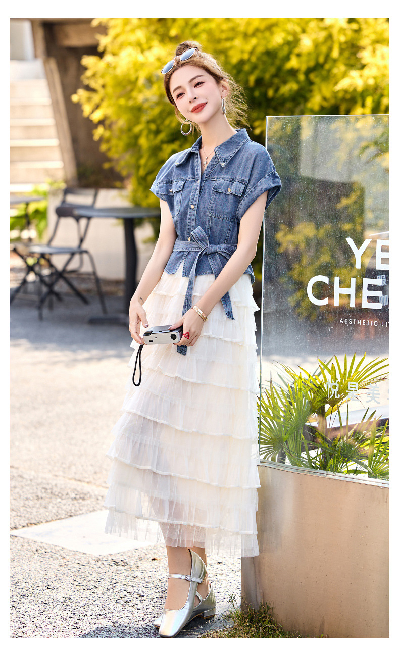 Váy liền denim tay ngắn thắt eo tôn dáng mới mùa hè 2025 YH2666 — Màu như hình chi tiết 4