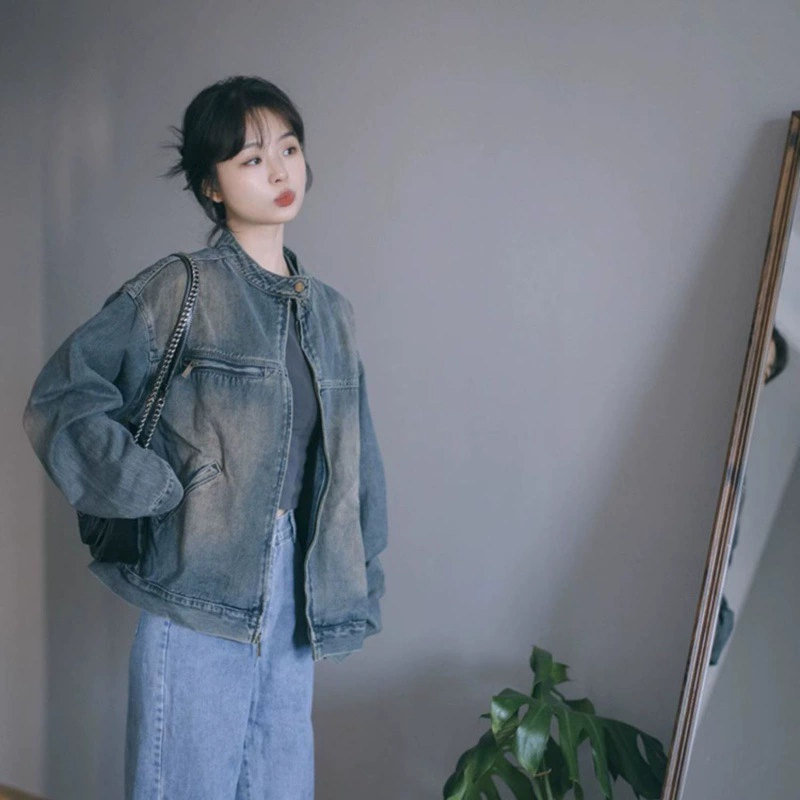 Гонконгский стиль ретро джинсовая короткая куртка женский 2023 осенняя стирка старый нишевые свободные куртки с круглым вырезом