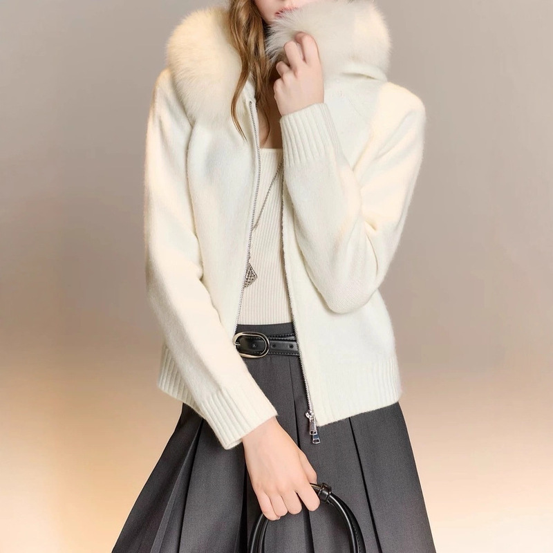 [Fox Fur Collar] 2025 Winter New Hooded Long Sleeve Sweater Zipper Cardigan Sweater Women m