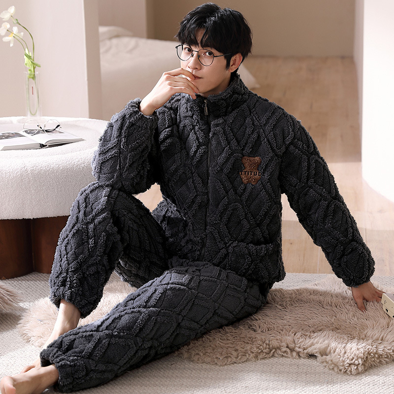 Winter Couple's Extra Thick Three-Layer Quilted Pajamas for Women, Autumn and Winter Coral Velvet Cotton Jackets, Men's Youth Home Clothes Sets