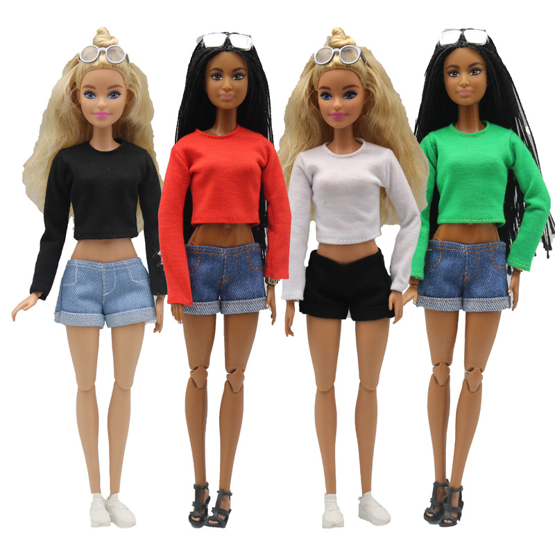 29cm Barbie Doll Crewneck Long Sleeve T-shirt Denim Shorts Set Small Cloth FROb