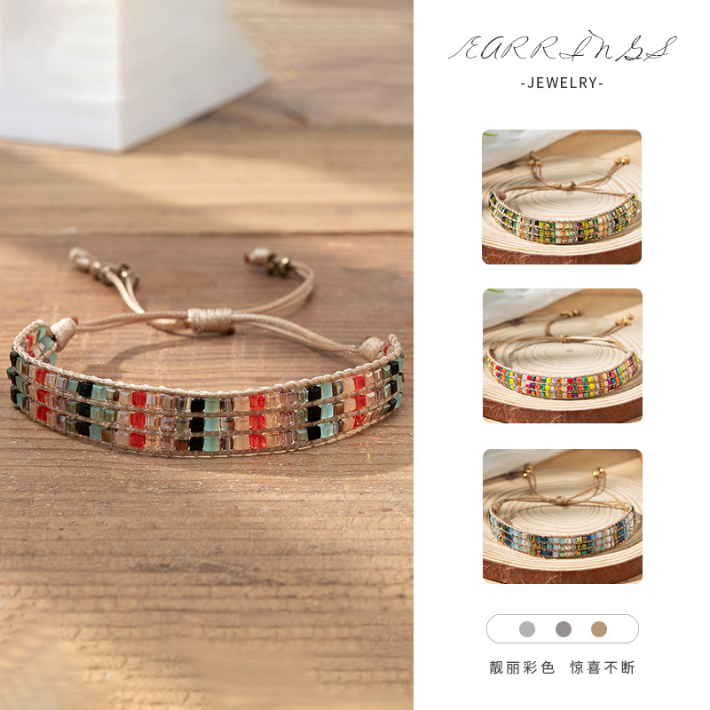 Bohemian Niche Colorful Crystal Bracelet Women's Ins Design Sense Hand-woven Adjustable Rice Beads Hand Rope Tide