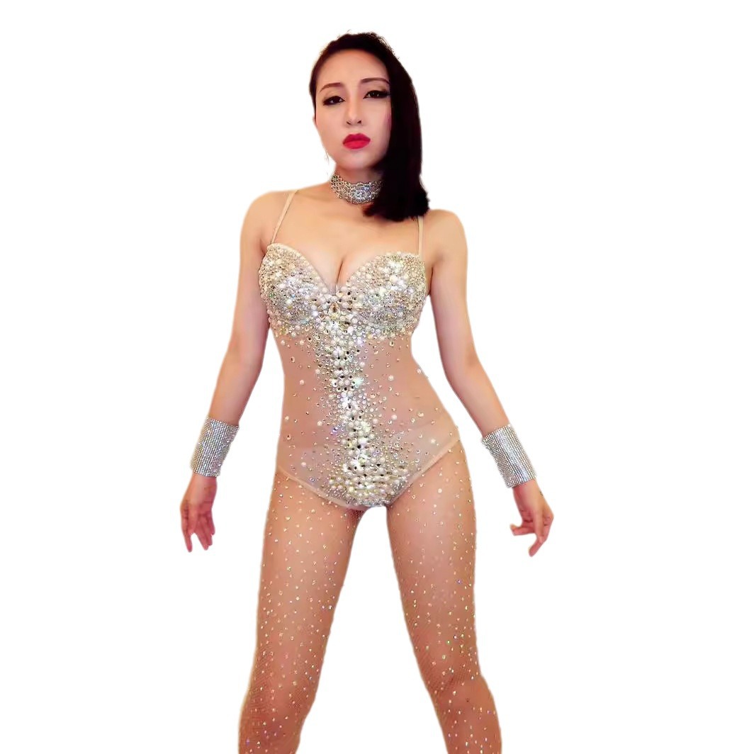 2024 canción femenina djds sexy y lujosa chaqueta con capucha de horquilla alta de una pieza de diamantes completos con traje de escenario exterior