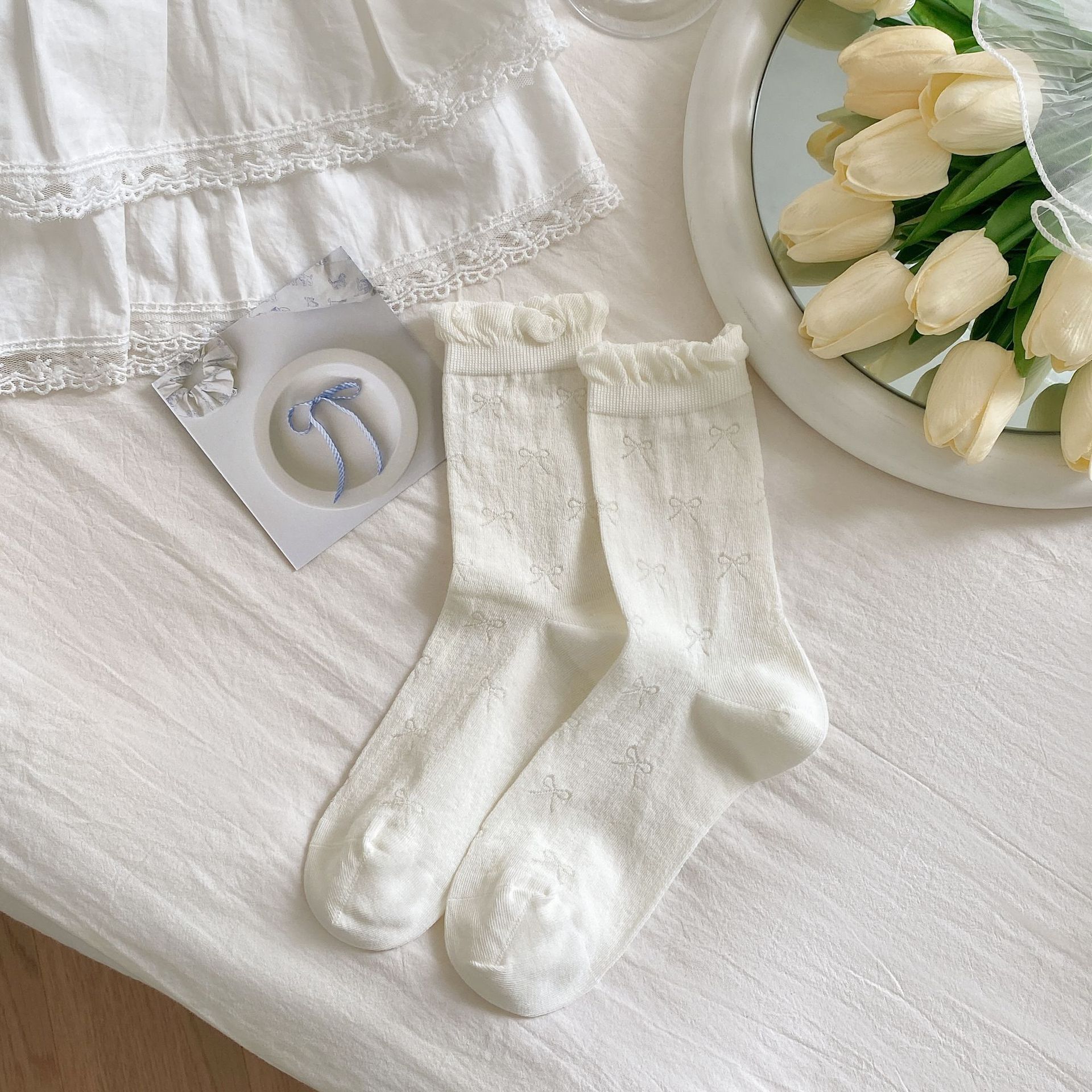 Calcetines sin huesos para niños Calcetines de tubo hueco fino de verano con lazo Calcetines de mujer estilo ballet con boca de burbuja Calcetines de pila de encaje