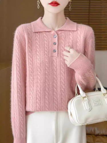 Autumn and winter 100 cardigan women's POLO collar twisted knitted base shirt loose pullover square collar sweater fine wool