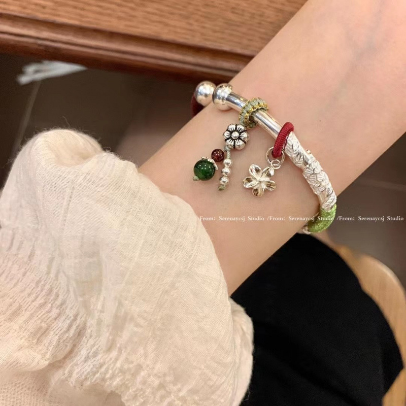 正宗繁花似锦纯银手镯女9999足银镯子平安锁手链年轻款送女友正品|undefined