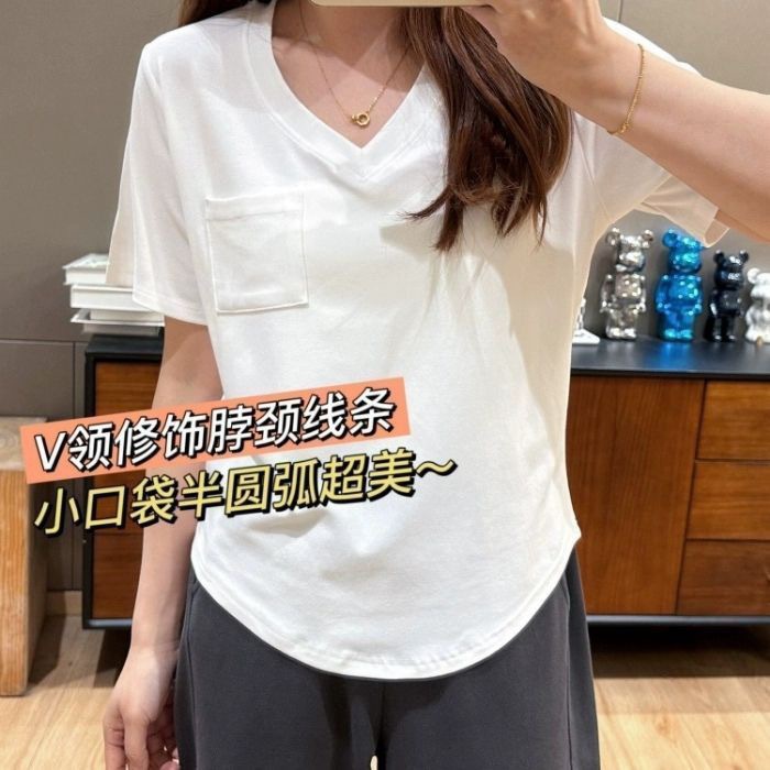 Camiseta de cuello en V de manga corta de gran tamaño para mujeres de verano nuevo diseño nicho coreano delgado bolsillo irregular blusa suelta image 8