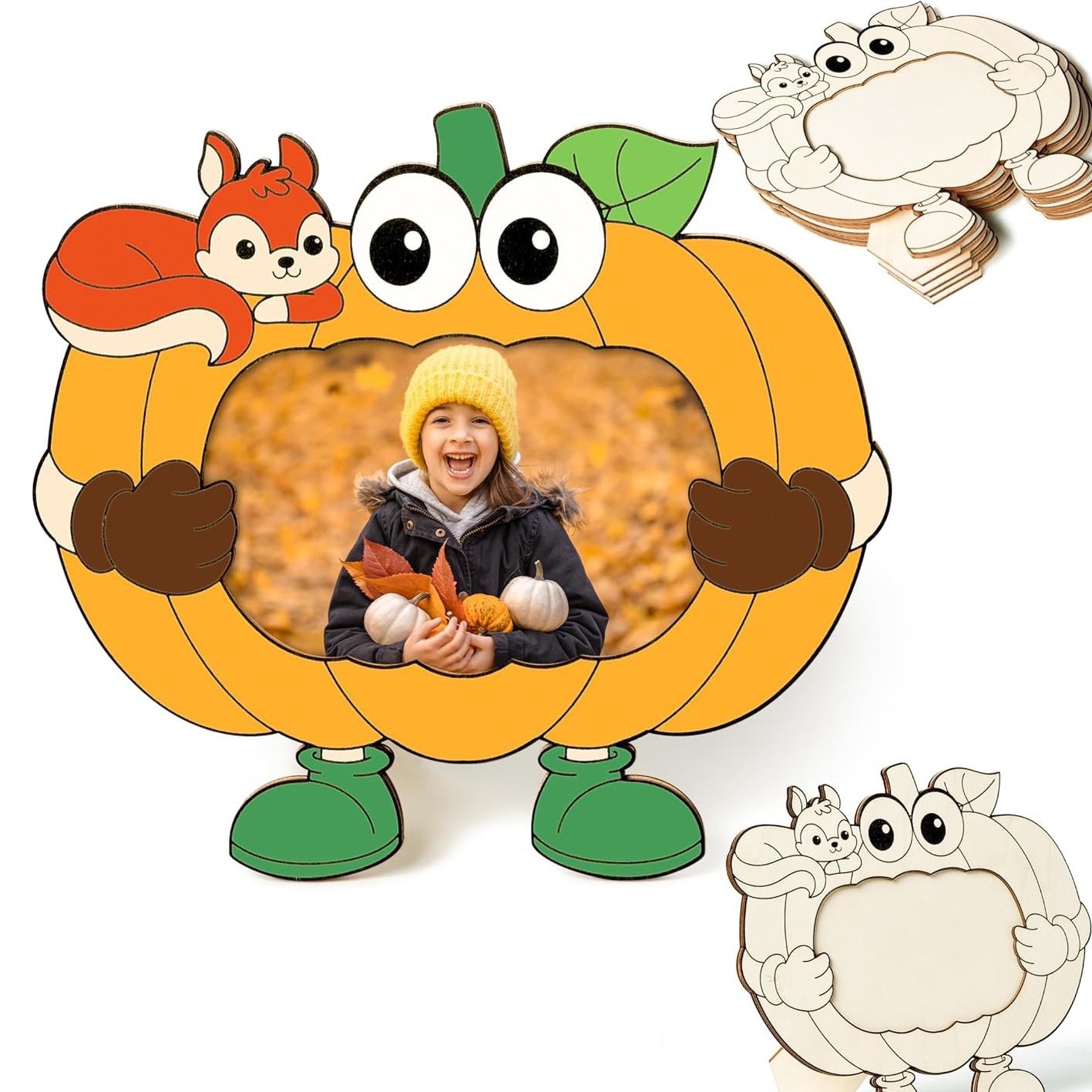 秋季木质南瓜相框手工彩绘DIY 儿童礼物感恩节图片展示架桌面装饰