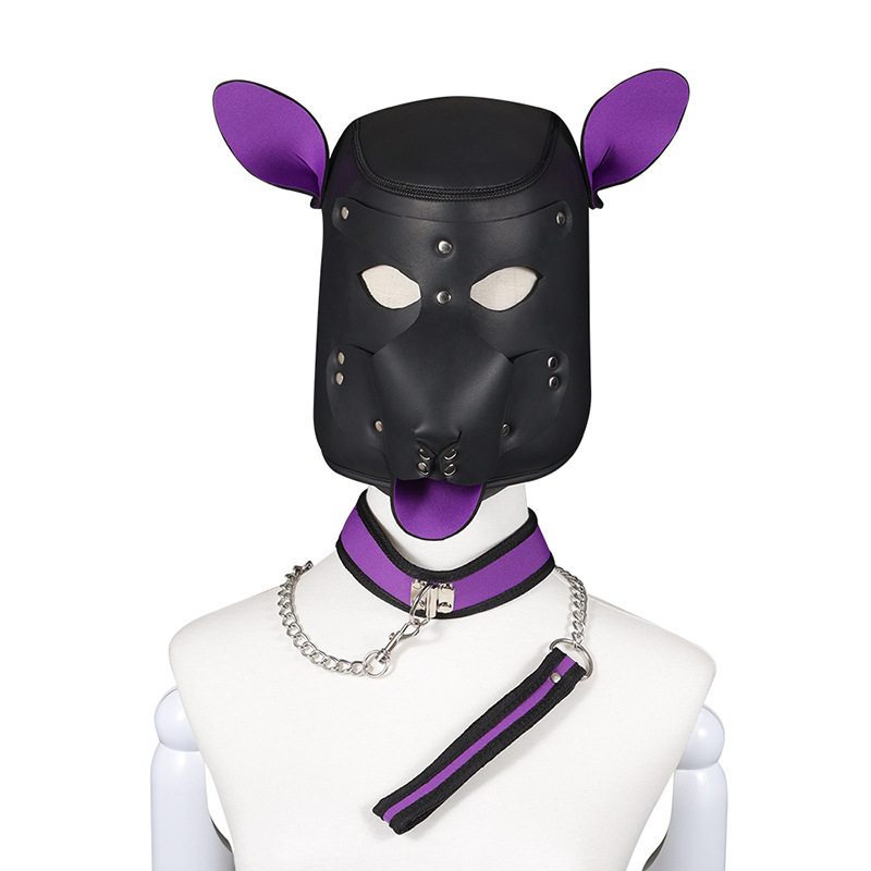Leather Dog Head Mask with Purple Ears, Human K9 Costume Headgear — detail image 29
