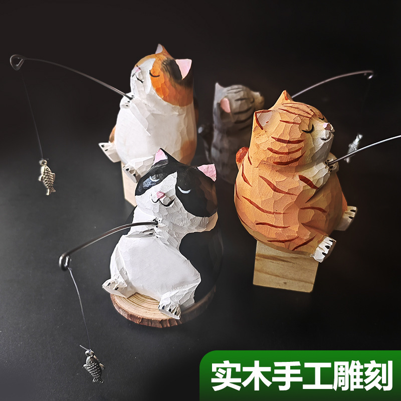 Wholesale of Wooden Carving Ornaments of Kittens Fishing, Pure Solid Wood Hand-Carved Cute Root Carvings, Cartoon Office Desk Decorations