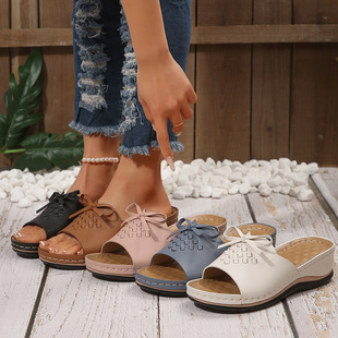 2025 New Foreign Trade Summer Wedge Fishmouth Slippers Women's Shoes Casual plus size Chunky Slippers Bow Solid Color