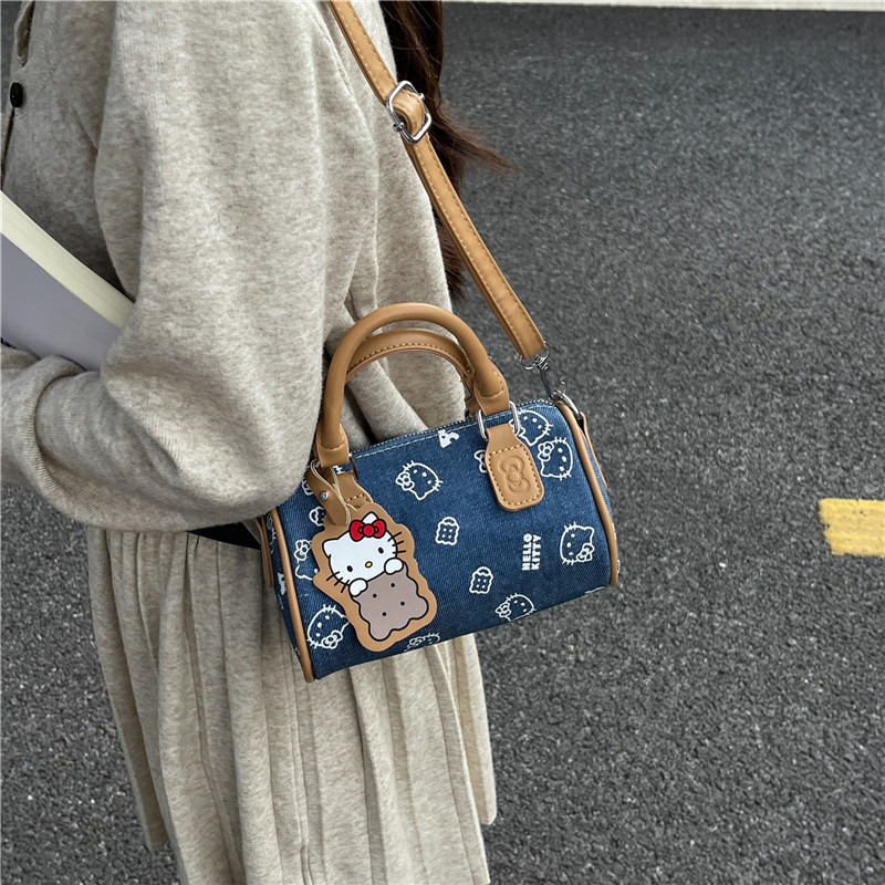 Hello Kitty Premium Denim Bowling Bag Large Capacity Versatile Handbag Shoulder Crossbody Boston Bag for Women
