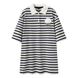 现货2025春新款polo领宽松条纹T恤连衣裙3J1O471