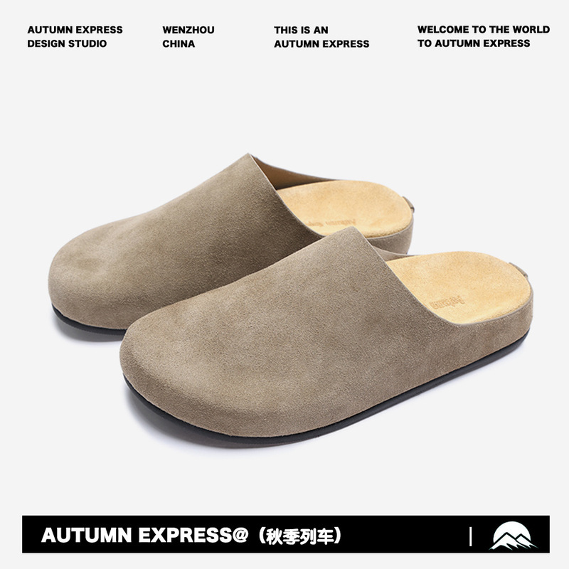 Version of Imported Cowhide Muller Slippers One-Pedal and Half-Slip-on Cowhide Veal Baotou Bucken Slippers Lazy Slippers for Couple