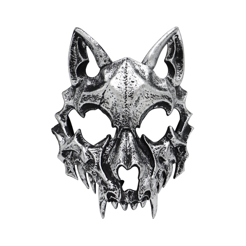 fiesta máscara de esqueleto dientes largos demonio esqueleto mitad cara máscara de lobo detrás máscara gigante disfraz de Halloween