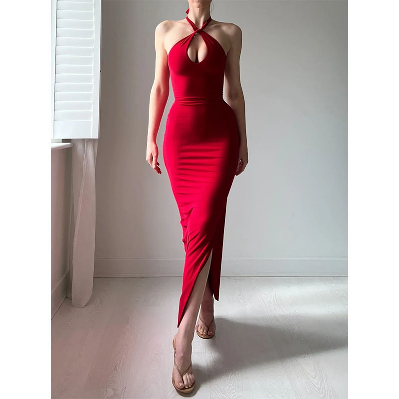 Hot-Selling New European and American Women's Clothing for Cross-Border Amazon Sales, Summer Solid Color Halter Neck Tie Sexy Slit Long Dress