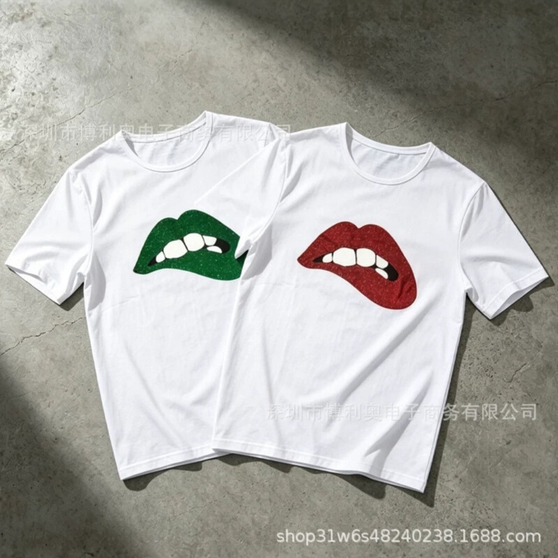 American retro glitter lip print short-sleeve T-shirt for women, loose round neck, unique trendy brand top, available in multiple colors American retro glitter lip print short-sleeve T-shirt for women, loose round neck, unique trendy brand top, available in multiple colors