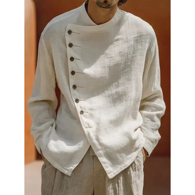 Cross-Border Amazon Men's Retro Loose Round-Neck Shirt in Ancient Mud Ramie