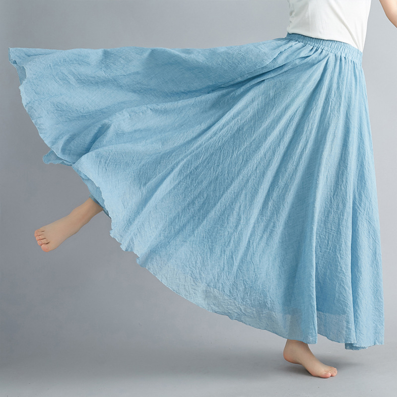 Mori Girl Literary Large Size Cotton and Linen Skirt Elastic Waist A-Line Skirt Long Pure Color Ethnic Style Large Hem Skirt 24 Colors