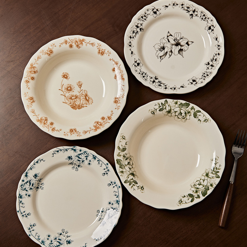 French Retro Ceramic Plate, Household Dish Plate, Deep Plate, Underglaze Color Tableware, High-End Western Food Plate, Dessert Breakfast Plate