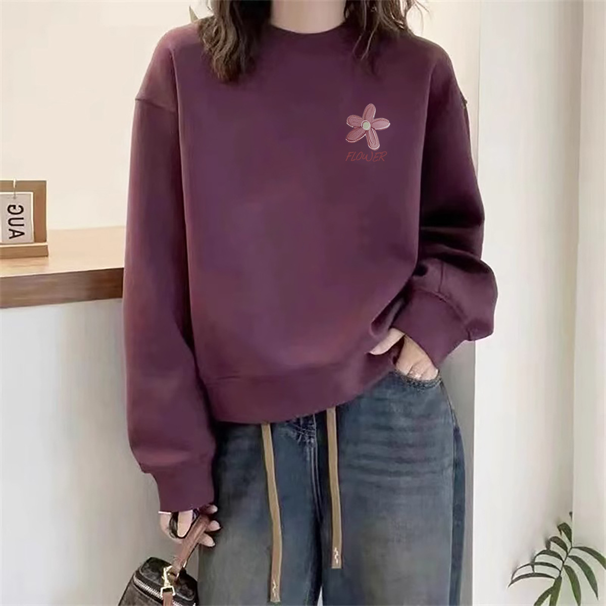 Jimo Sweatshirt Women's 2025 New Popular Fashionable Autumn and Winter Small Round Neck Pullover Long-Sleeved Printed Top