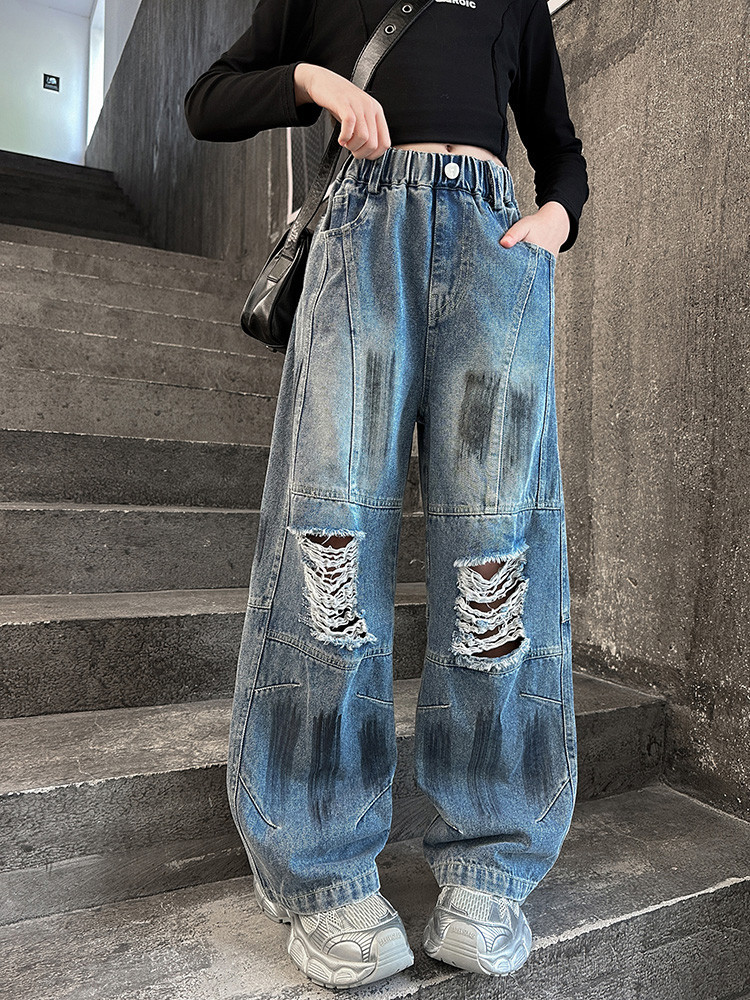 Spot Spring New Paint Style Hole Girls Fashion Children's Miscellaneous European And American Jeans Denim Loose Pants_viptrois.com