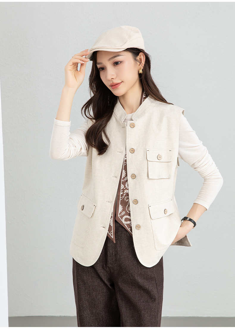 Áo gile nữ phong cách Nhật cổ điển chất liệu cotton pha lanh, dáng không tay, thiết kế layer độc đáo — màu sắc chi tiết 23