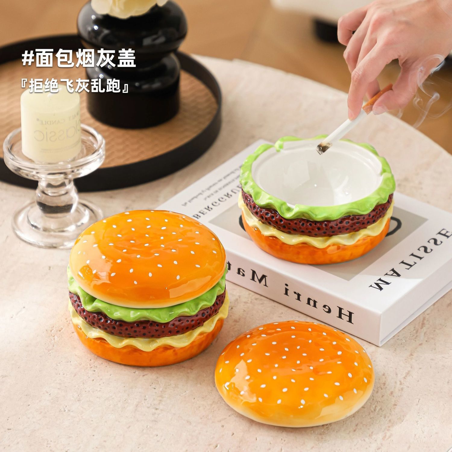 Cenicero de hamburguesa creativo con tapa a prueba de cenizas, atmósfera de alta gama, sala de estar, oficina en el hogar, cenicero de cerámica, sentido avanzado