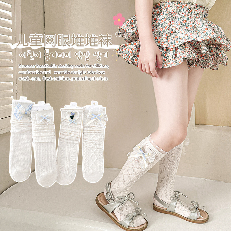 Children's Summer Socks for Girls, Bowknot Mesh Slouch Socks, Thin Lace Calf Socks, Sweet Princess Mid-Calf Socks