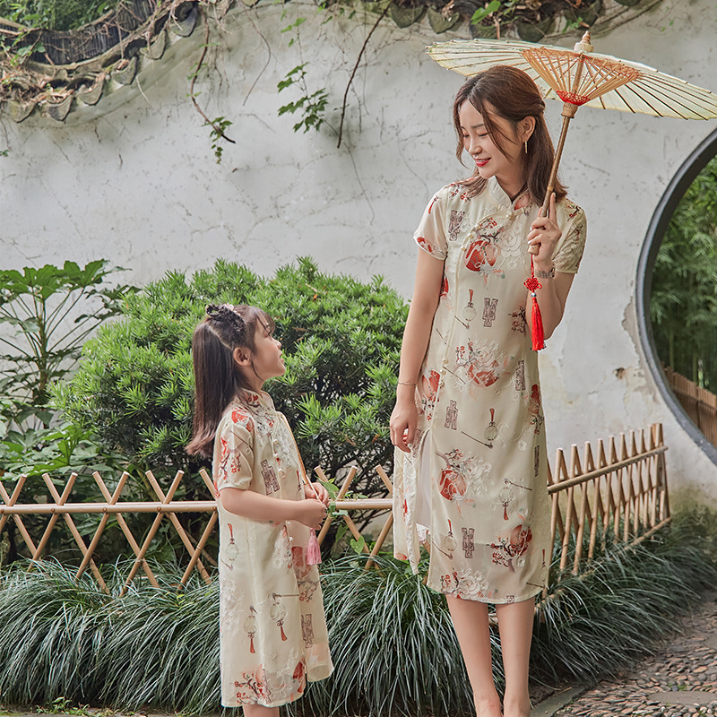 Ropa de mujer para padres e hijos ropa de verano 2023 nuevo traje antiguo ropa de estudiante cheongsam padre-hijo hanfu vestido A-line manga corta