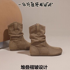 若纪美拉德褶皱堆堆靴女2025秋季复古绒面短靴小众休闲西部牛仔靴