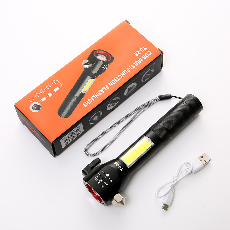 新款多功能USB充电T628手电筒户外带安全锤cob侧灯强光照明手电筒详情10