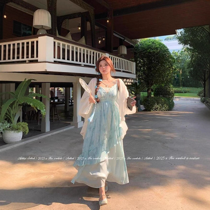 Not Popular Annie [Paper Boat Crossing Pine Smoke] Lace Tie-Dye Strap Long Dress Slightly Chubby European Style Slimming Set