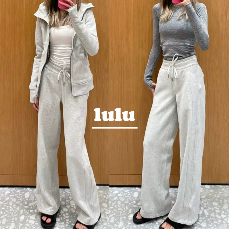 Повседневные спортивные брюки в стиле Lulu для весны и осени, на флисовой подкладке, свободные прямые широкие брюки-бананы для женщин.