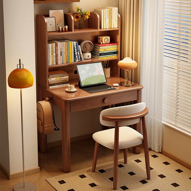 Nordic Solid Wood Desk and Bookshelf Integrated Bedroom Student Writing Small Table Home Bedside Computer Desk Office Desk