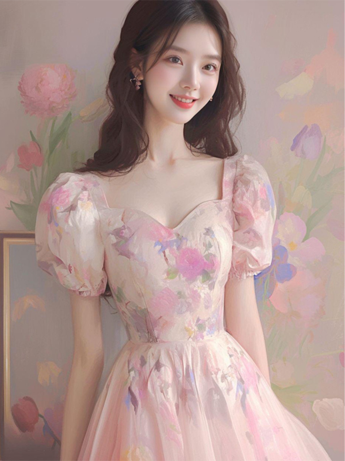 Đầm maxi nữ thắt eo phong cách Hepburn kiểu Pháp họa tiết hoa hồng cổ điển lãng mạn — Màu hồng chi tiết 3
