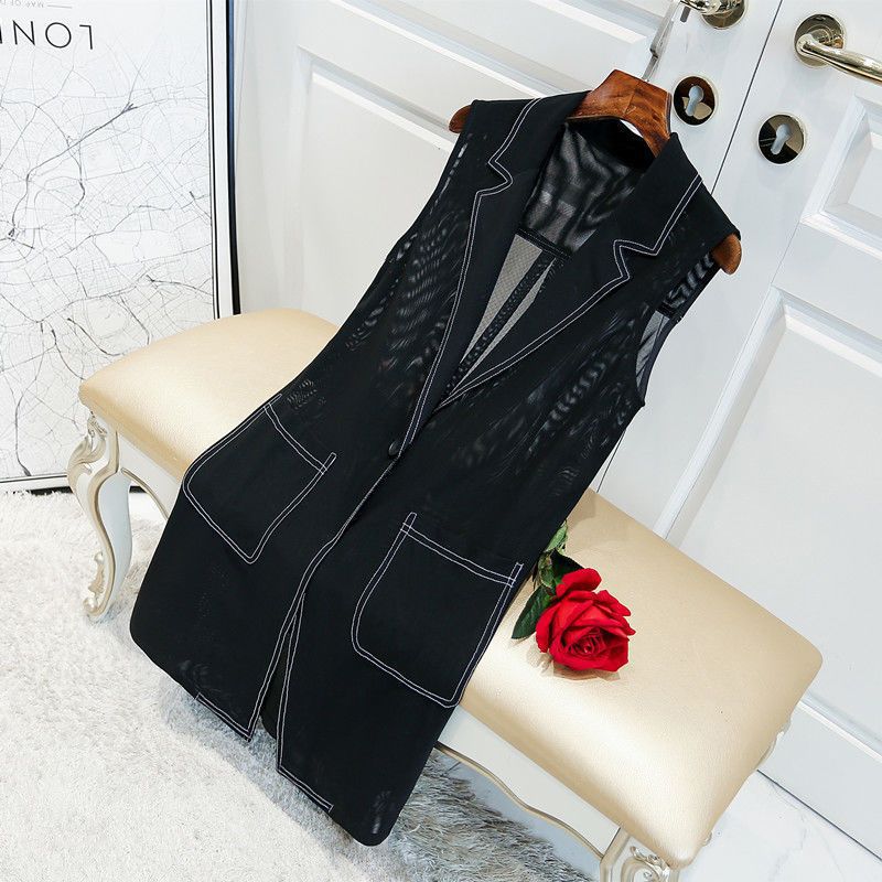 Openwork Vest for Women 2025 New Spring/Summer Mesh Chiffon Mid-Length Fashion Sleeveless Korean Style Slimming Vest Jacket