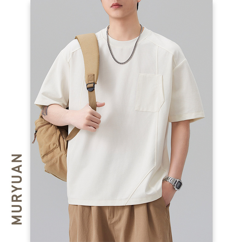 Muyuan Men's Wear American-Style Trendy Brand Structured Patchwork Design Short-Sleeve T-Shirt for Men, Loose Pullover Half-Sleeve Tee Shirt Top Muyuan Men's Wear American-Style Trendy Brand Structured Patchwork Design Short-Sleeve T-Shirt for Men, Loose Pullover Half-Sleeve Tee Shirt Top