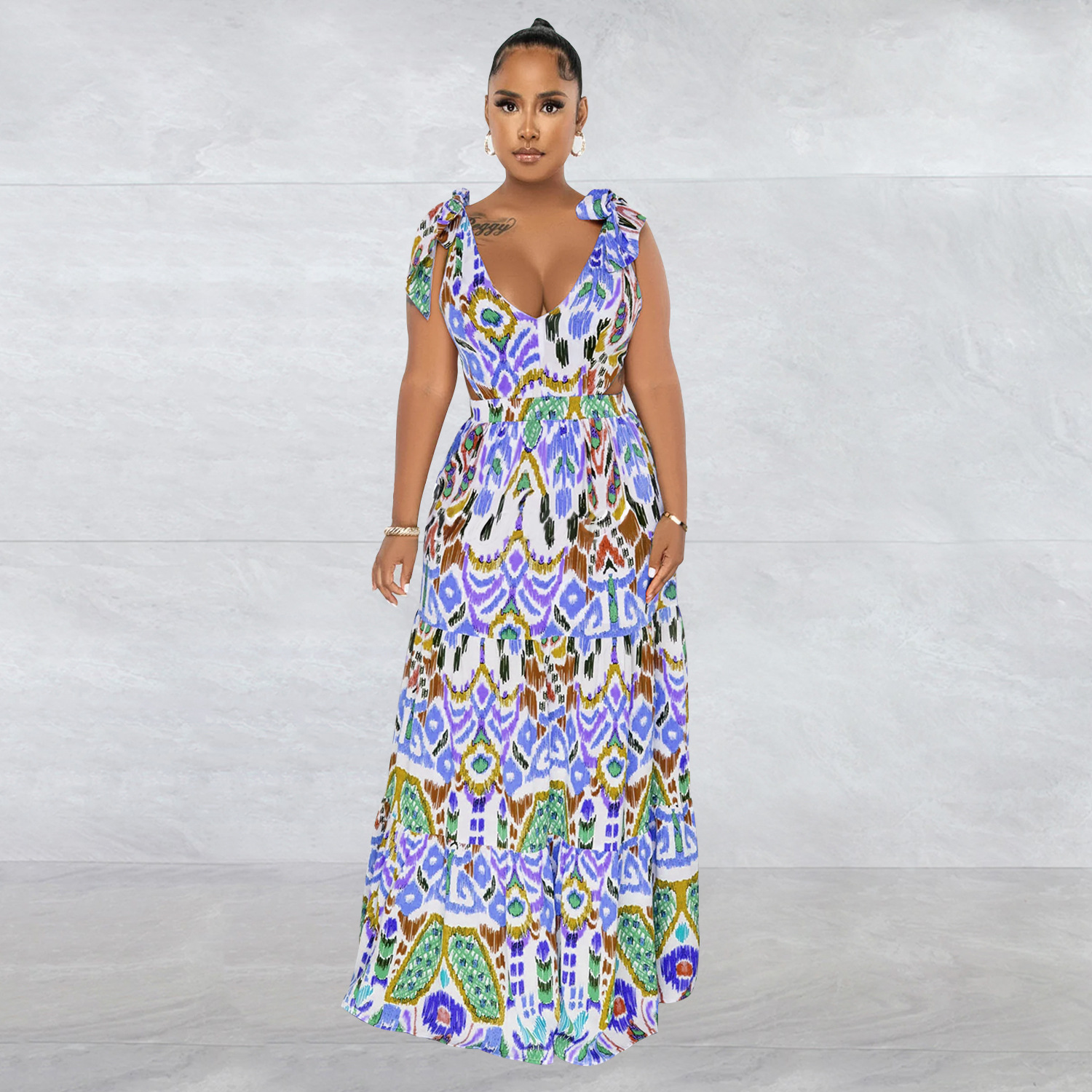 Mid Waist Waist Line Holiday Occasion Collarless Neckline Wholesale Women'S Elegant Printing Patchwork Color Block Holiday Collarless Sleeveless Pencil Skirt