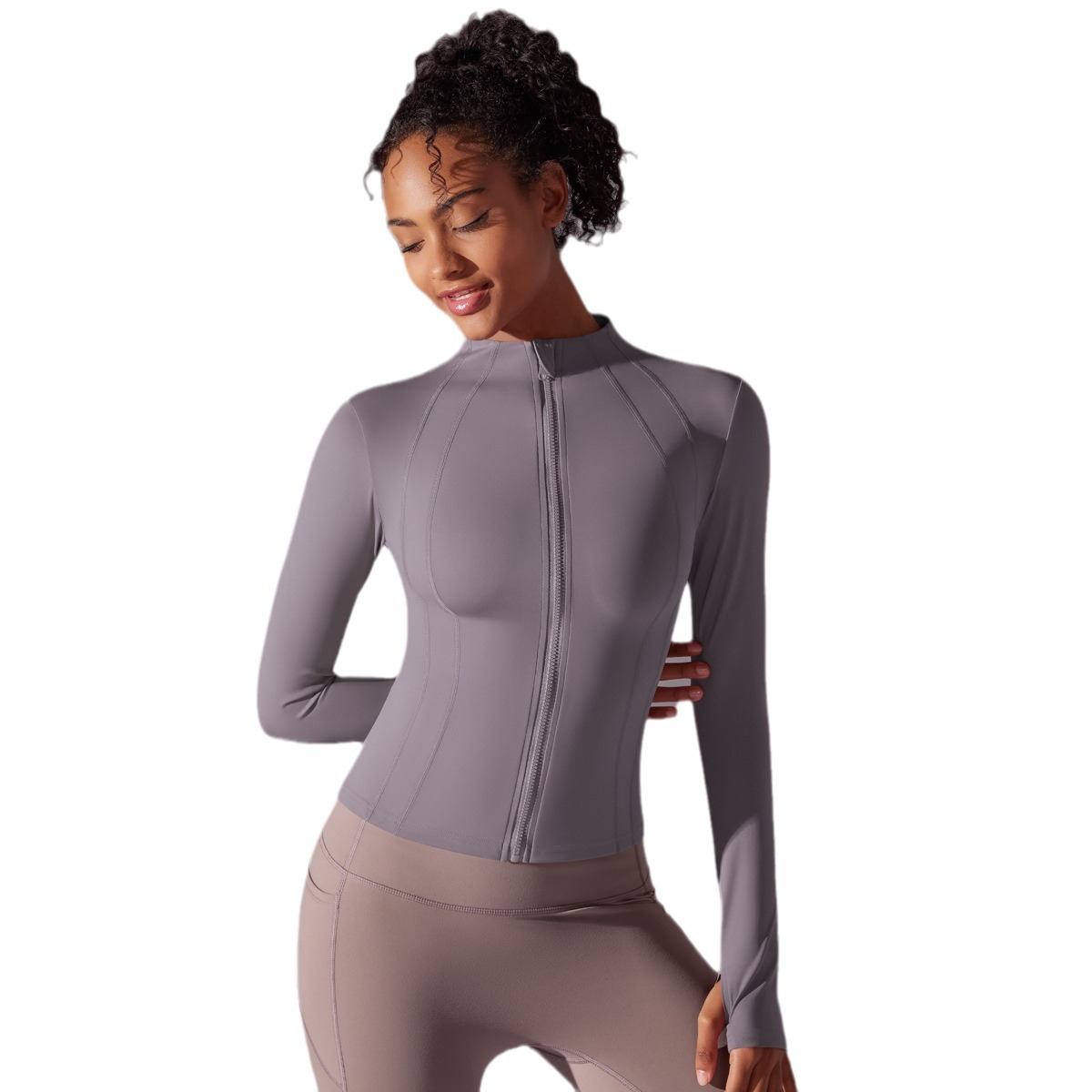 Nuevo color sólido apertado de collar cremallera chaqueta de manga larga abrasión deportiva correr fitness chaqueta de yoga larga mujer image 5