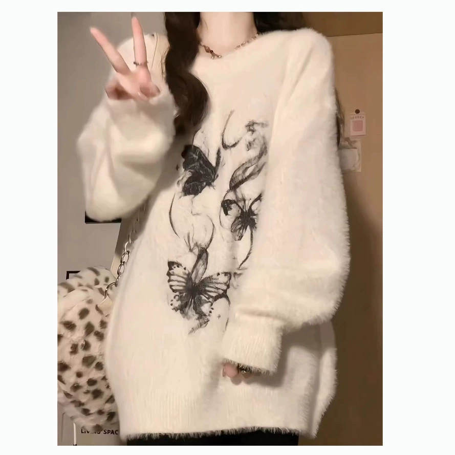 2024 осень новая женская вышивка свитер пригородной ретро плюшевый ленивый вязаный свитер