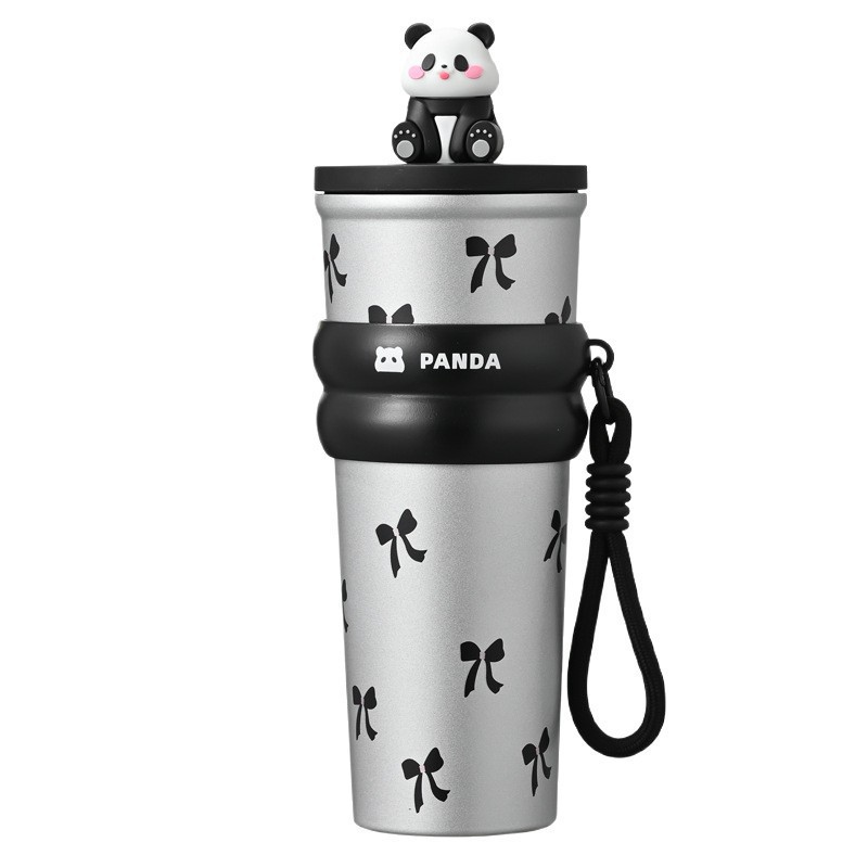 Taza de calor de dibujos animados panda taza de paja de gran capacidad taza de agua de acero inoxidable taza de café de alta calidad taza de estudiante portátil