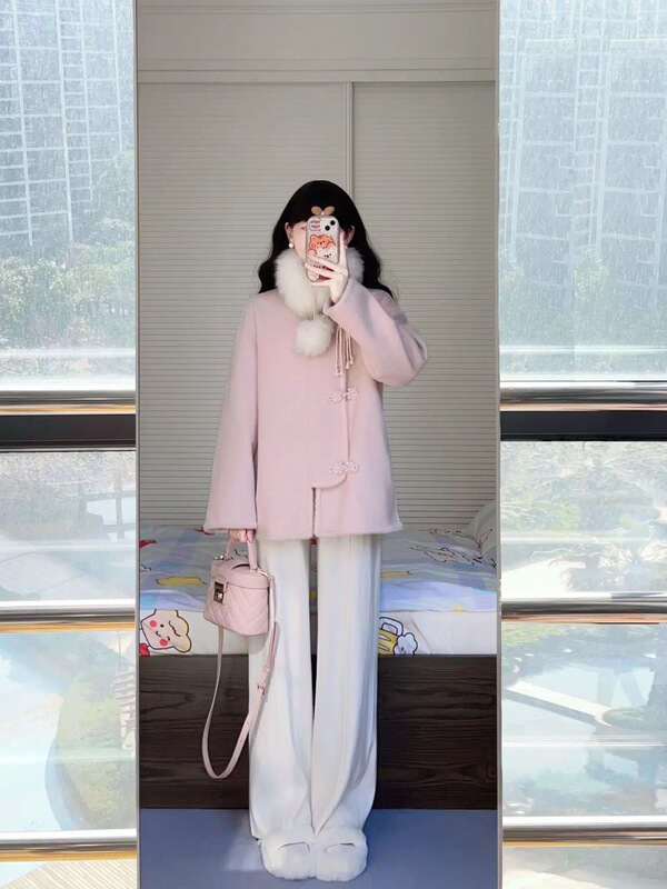 新中式粉色小香风外套女秋冬2025新款小个子加厚中长款毛呢大衣|undefined
