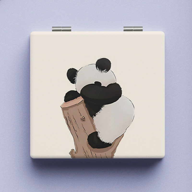 Folding Handheld Mirror, PU Leather Compact, Cute Bear & Panda Prints, Portable 0.075 kg