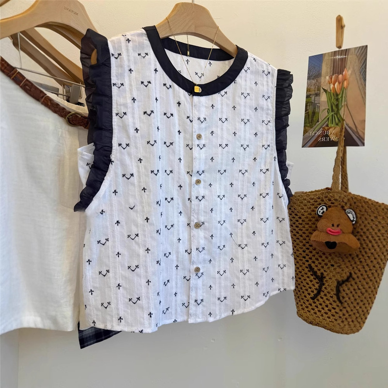 Liang Yixuan Retro Korean Color Matching Beautiful Line Star Embroider Fungus Sleeve Cotton and Linen Vest Sleeveless Shirt for Women