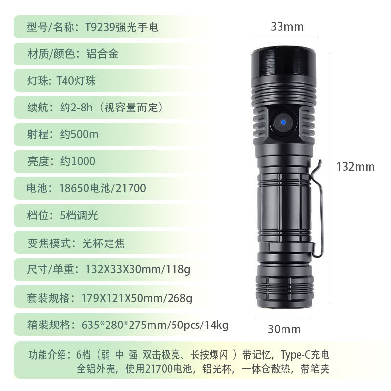 Nuevo transfronterizo personalizado 21700 linterna en un compartimento T40 linterna de luz fuerte enfoque fijo inundación al aire libre carga clip