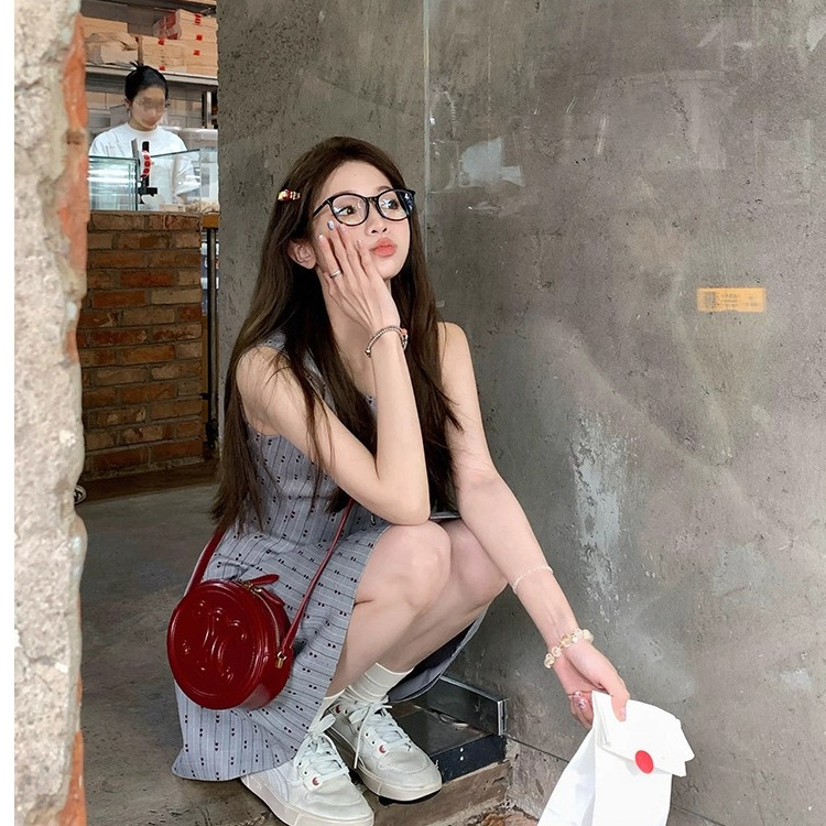 学院风圆领无袖收腰显瘦连衣裙女夏季法式灰色短款气质背心A字裙|undefined